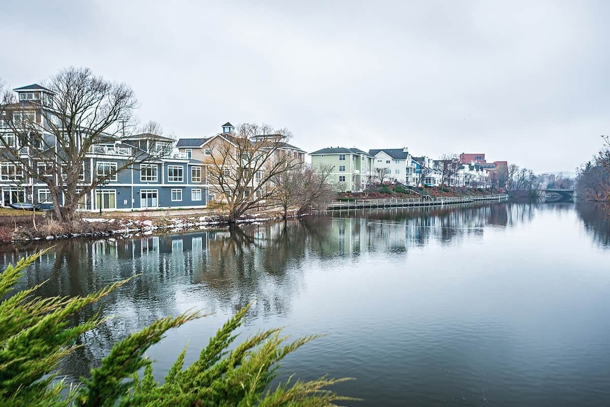 Row of houses on the waterfront around Lake Michigan near Traverse City, Michigan (MI)