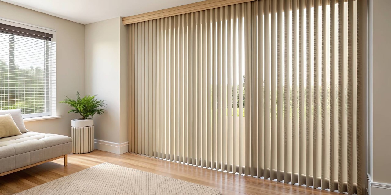 Modern living room with custom vertical blinds near Traverse City, MI