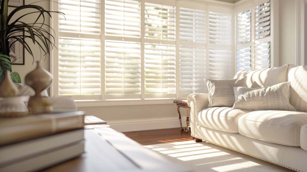 Modern living room with white living room blinds near Traverse City, MI