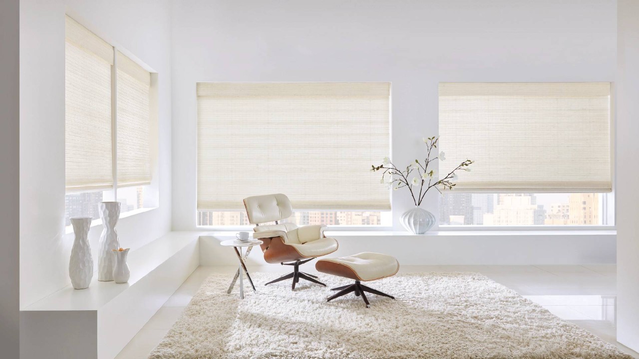 Hunter Douglas woven wood shades in a studio apartment near Traverse City, MI